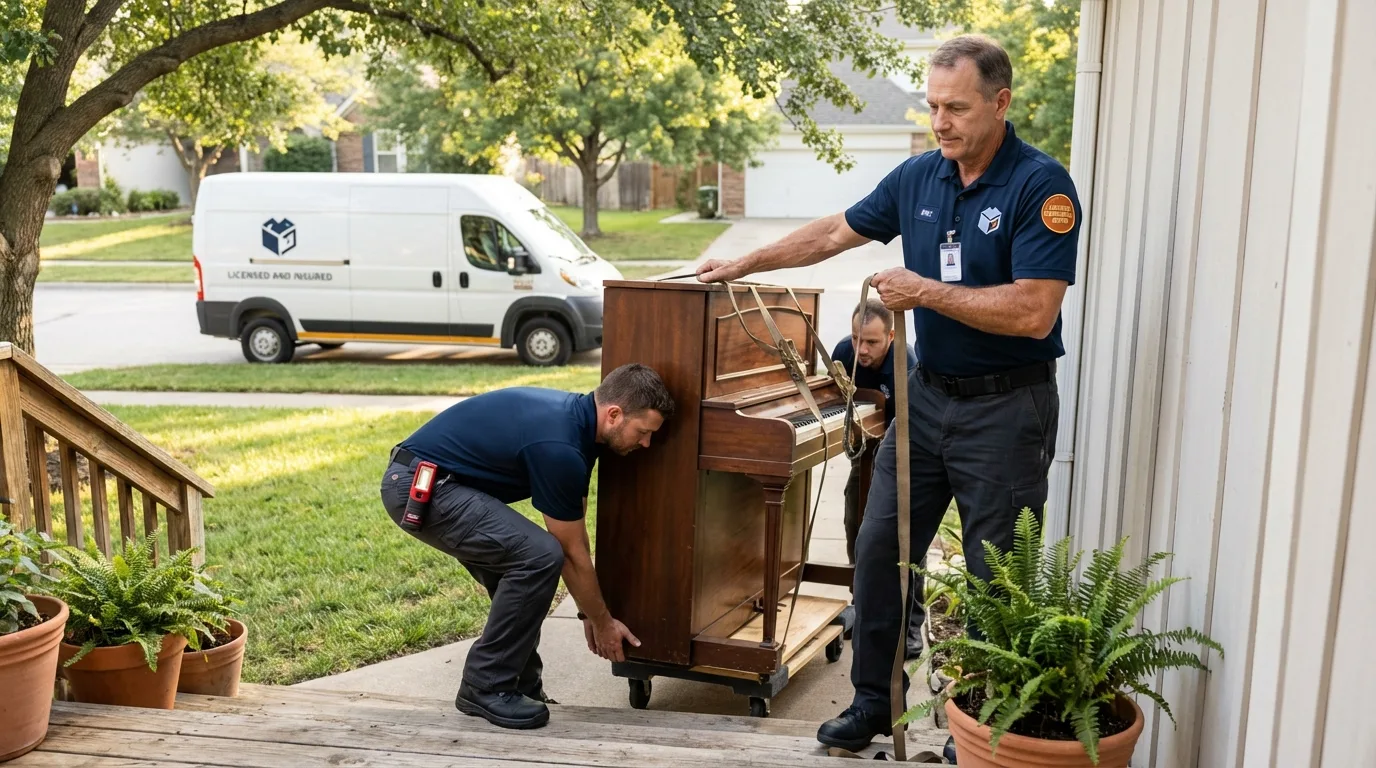 Licensed piano movers securing grand piano in Healdsburg, CA