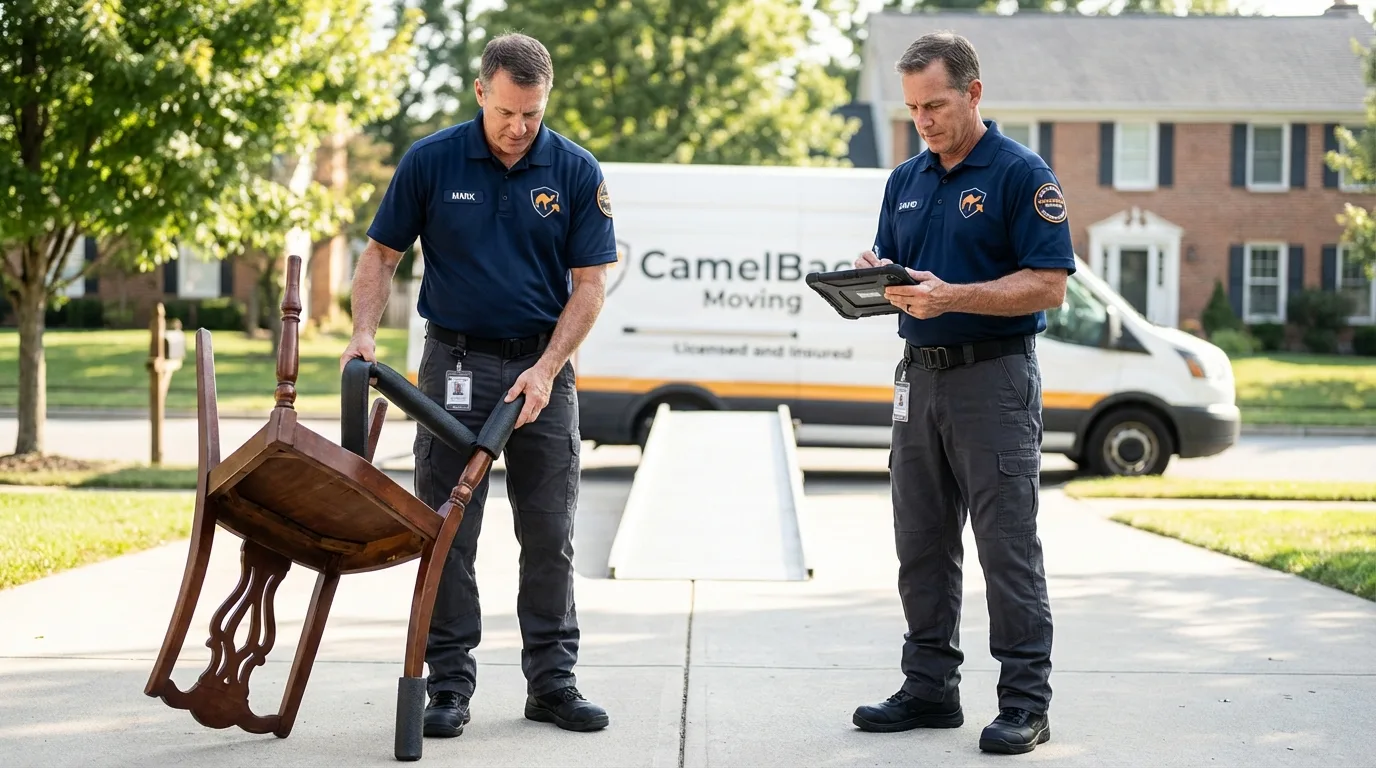 Movers inspecting furniture for damage prevention before loading in Healdsburg, CA