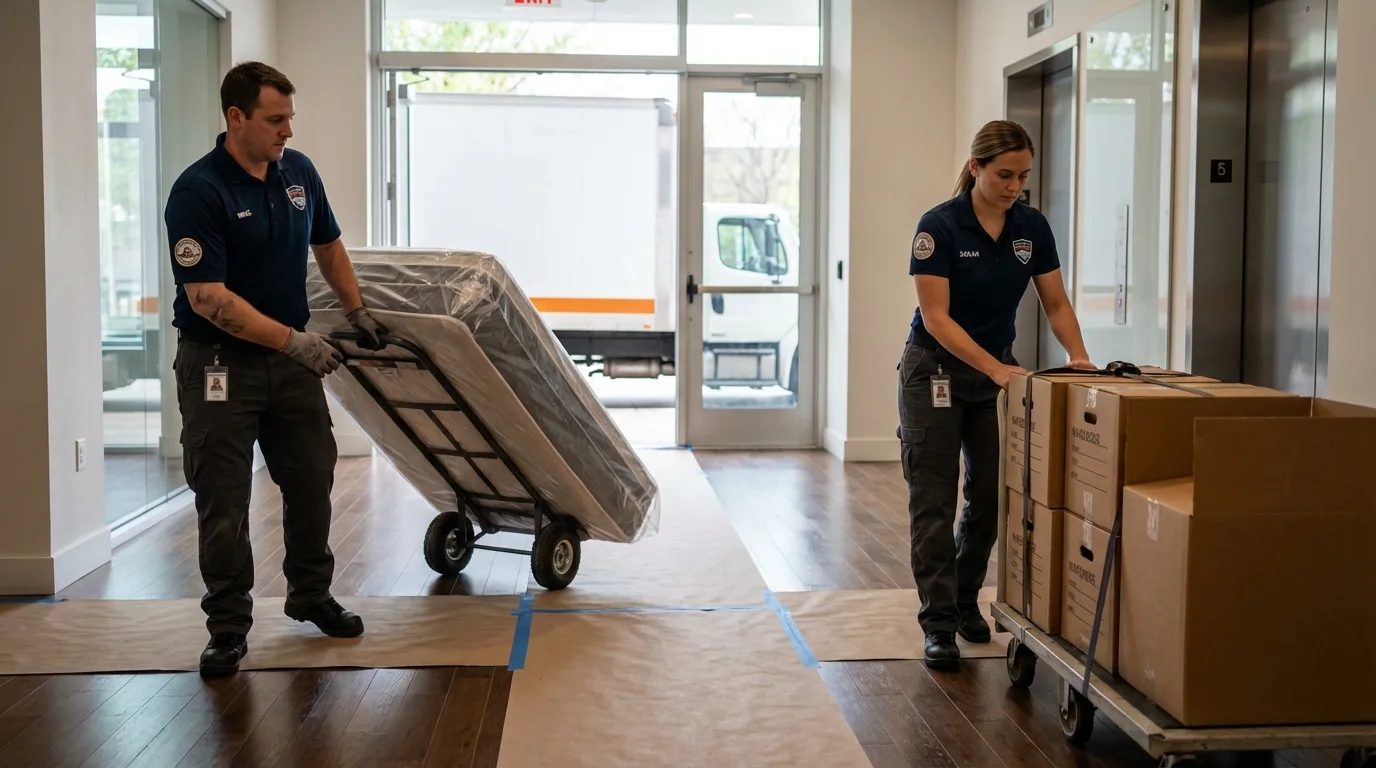 Professional apartment movers loading elevator in Healdsburg, CA